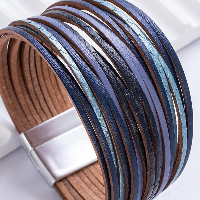FANCY SHINY Boho Leather Wrap Bracelet Stackable Layered Bangle Cuff with Magnetic Clasp