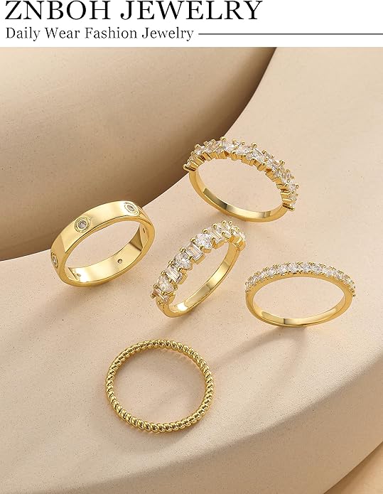 Stackable Gold Rings for Women Non Tarnish Wedding 14K Gold Plated Stacking Cubic Zirconia Thumb Ring Set Stack Engagement Eternity Dainty Bands Pinky Statement Promise Gold Jewelry Size 6-10