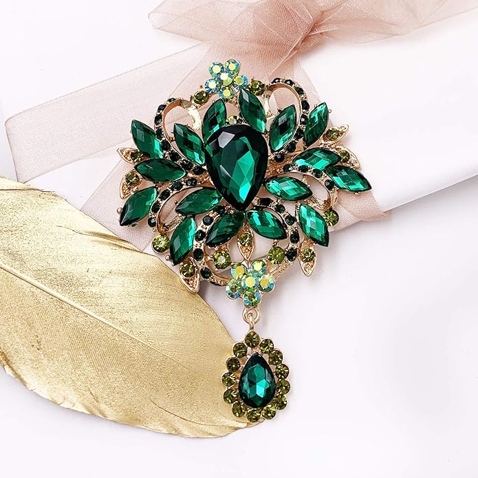 LAXPICOL Wedding Bridal Big Brown Crystal Rhinestone Bouquet Brooch Pin for Women Golden Tone