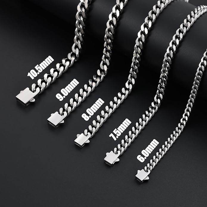 Fiusem Valentines Day Gifts for Him Silver Tone/Black/14K Gold Plated Chain Necklace for Men, 5mm/6mm/7.5mm/8mm/9mm Stainless Steel Cuban Link Chain Necklace, Men's Chains 18-28 Inch Jewelry Gifts
