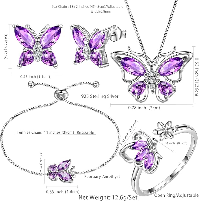 Aurora Tears Butterfly Jewelry,Women 925 Sterling Silver Butterflies Birthstone Pendant Necklace/Earrings/Rings Wedding Gift
