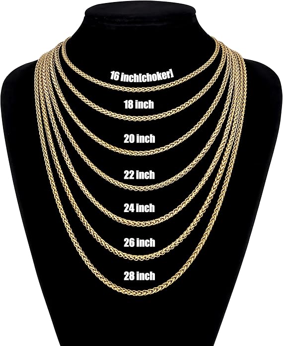 Fiusem Wheat Chains for Men and Women, 2/2.5/3/4/5mm Silver Tone/14K Gold Plated/Black Necklace Chain, Stainless Steel Mens Necklace 16-28 Inch