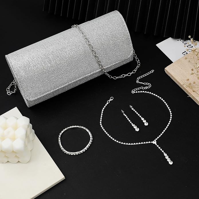 Silver Prom Jewelry Set for Women Rhinestone Necklace Dangle Earrings Bracelet Clutch Purse Silver Accessories Bride Bridesmaid Crystal Bridal Jewelry for Wedding Engagement Party Prom Accessories