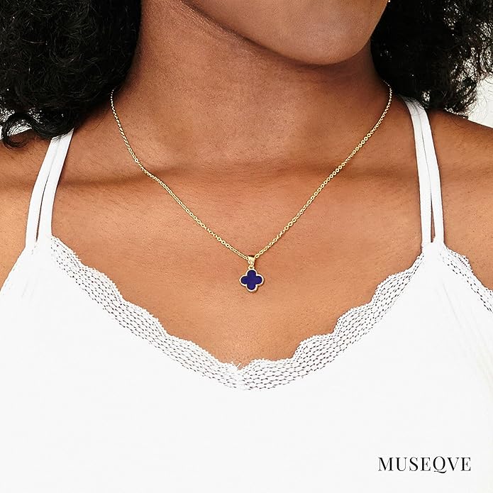 MUSEQVE Four Leaf Clover Necklace for Women Dainty Mother of Pearl White Black Onyx Pink Blue Mint Green Crystal Lucky Clover Pendant 14K Gold Plated Jewelry Gifts [CVRN]