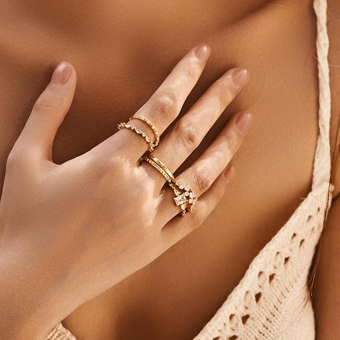 LOFITOR 6PCS Stackable Gold Rings for Women Non Tarnish Trendy Dainty 14K Gold Filled Stacking Cubic Zirconia Thumb Ring Set Pack Statement Chunky Band Rings Promise Engagement Rings Size 6-10