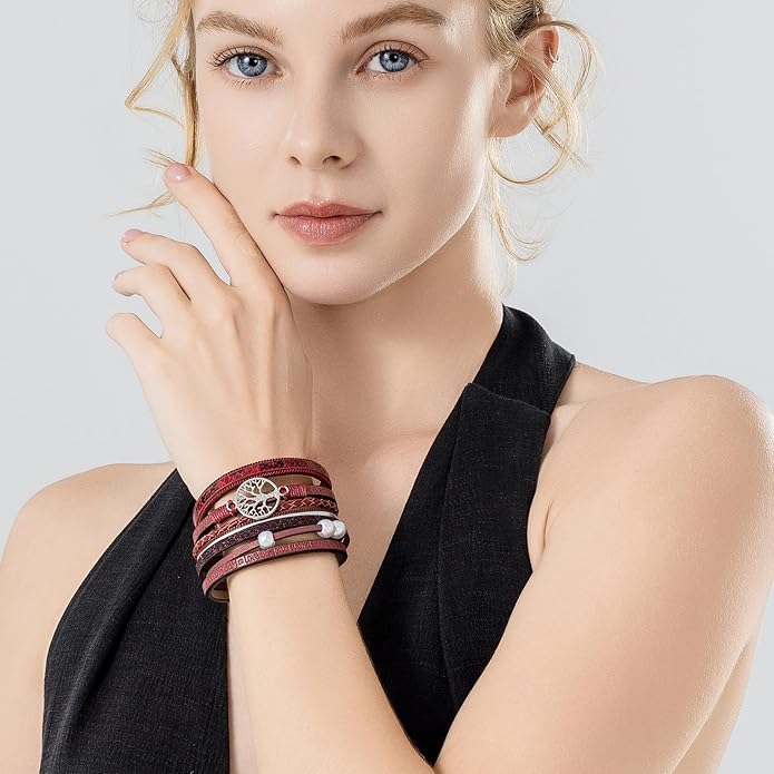 FANCY SHINY Tree of Life Leather Wrap Bracelet Inspirational Cuff Bangles Boho Pearl Bracelets with Magnetic Clasp Unique Jewelry Gifts for Women