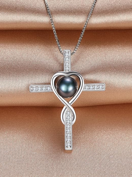 KANNSOAR Tahitian Black Pearl 18K White Gold Plated Sterling Silver Pendant Necklace for Wedding Birthday Anniversary Valentines Day Christmas Pearl Jewelry Gift for Women Wife Mom Lover Girlfriend