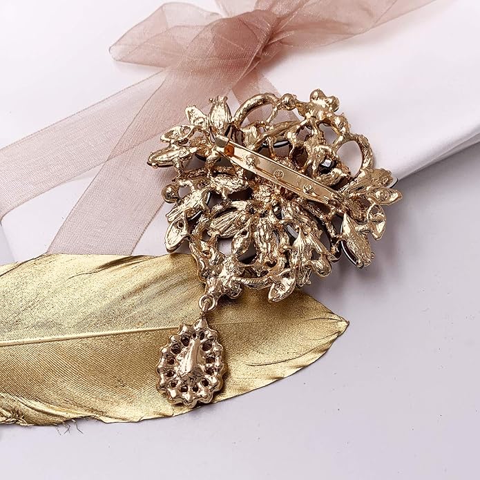 LAXPICOL Wedding Bridal Big Brown Crystal Rhinestone Bouquet Brooch Pin for Women Golden Tone