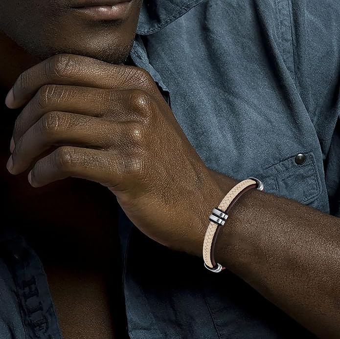 Leather Bracelet for Men with Adjustable Stainless Steel Magnetic Clasp Multi-Layer Braided Mens Leather Bracelet