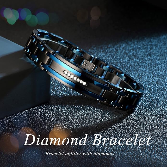 Holizaly Men's Curved Brand Bracelet, Black and Blue Ion Plated Black Gifts Men Women Birthday Valentine's Day Jewelry Gifts Husband Boyfriend Son