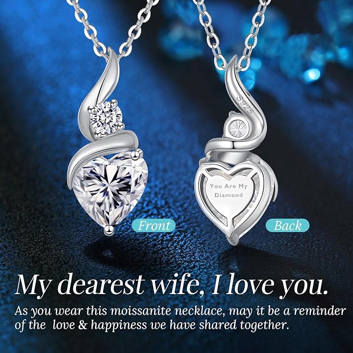 Moissanite Heart Pendant Necklaces for Women, 925 Sterling Silver Necklace with Birthstone, Ideal Anniversary Present or Birthday Christmas Valentine Mothers Day Jewelry Gifts for Mom Wife Her Girlfriend