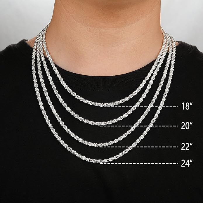 BRIJEWNES 925 Sterling Silver Clasp 2/2.5/3/4/5mm Silver Chain for Men Mens Necklace Rope Chain Necklace Diamond Cut Silver Mens Chain Necklace 16 18 20 22 24 26 28 30 Inches