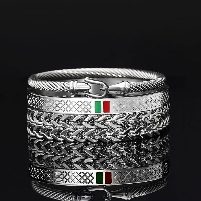 WFYOU 3PCS Stainless Steel Bracelets for Men Gold Roman Numeral Bangle Bracelet Twisted Cable Bracelet Adjustable Cuff Bracelet Mens Luxury Jewelry Bracelets Gifts