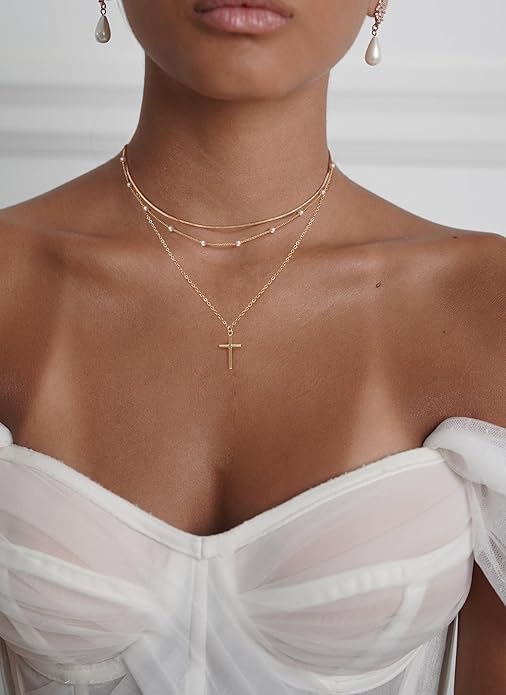 Layered Necklace for Women 14K Gold Plated Dainty Paperclip Herringbone Pearl Cross Pendant Necklace Stack，Layering Chain Cuban Figaro Rope Chain Choker Trendy Gold Jewelry Gift