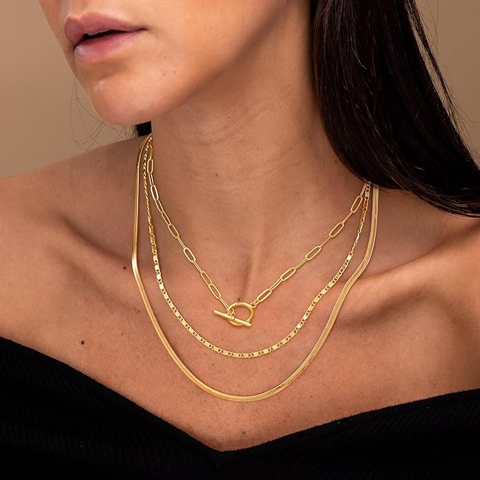 CHESKY 14K Gold Plated Layered Herringbone Necklaces for Women, Trendy Paperclip Snake Chain Necklace Cuban Link Simple Chunky Toggle Clasp Necklace Set Fashion Jewelry