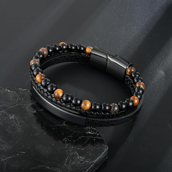Mens Tiger Eye Matee Black Onyx Lava Rock Volcanic Stone Beaded Bracelet, Black Braided Leather Bracelet for Men