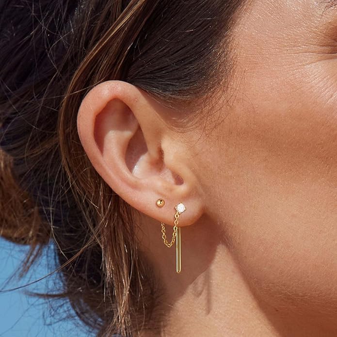 Freekiss Gold Chain Studs Earrings for Women Trendy: Hypoallergenic 14K Gold Plated Dangle Earrings Dainty Small Long Chain Earring Set Fashion Gold Jewelry for Women