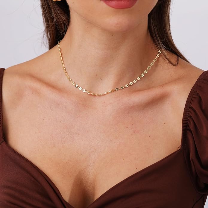 14K Gold Necklace for Women, Womens Dainty Chain Necklace Plated Shining Dots Satellite Choker Box Chain, Women Layering Necklaces