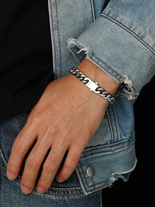 Bestyle Thick Mens Cuban Link Chain Bracelets, Durable Real 18K Gold/Black Metal Plated Solid Stainless Steel Hand Chain Cuban Bracelets for Men, Silver Black Gold Bracelets for Father Husband