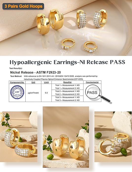 LOLIAS Small 14K Gold Plated Chunky Hoop Earrings for Women Hypoallergenic Silver Earrings Set for Sensitive Ears Non Tarnish Huggie Hoops Earring Stacks for Multiple Piercing Jewelry Lightweight 3Pairs