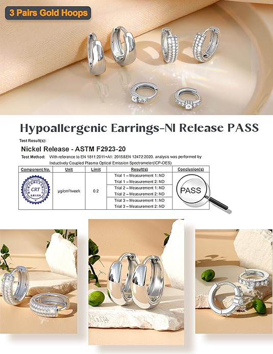 LOLIAS Small 14K Gold Plated Chunky Hoop Earrings for Women Hypoallergenic Silver Earrings Set for Sensitive Ears Non Tarnish Huggie Hoops Earring Stacks for Multiple Piercing Jewelry Lightweight 3Pairs
