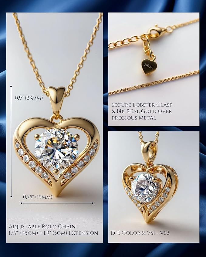 Moissanite Necklace for Women – 14kt Gold Heart Necklaces – Moissanite Pendant for Woman 2-3 Carat - Luxury Love Jewelry Gift for Anniversary, Birthday and Christmas - Jewelry for Wife from Husband