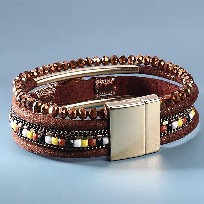 FANCY SHINY Leather Wrap Bracelets Crystal Beads Bracelet Boho Cuff Stone Charm Bracelets with Clasp Costume Jewelry for Women