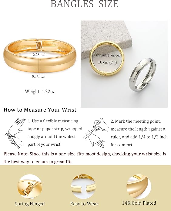 Bangle Bracelets for Women | 14K Gold Plated Trendy Wide Bracelets | Hinged Arm Cuff Bangles Chunky Bracelet for Women