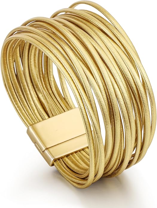 Edoneery Leather Wrap Bracelet for Women, Boho Handmade Multi-Layer Cuff with Crystal Beads Heart, Stackable Bangle Western Jewelry Gift