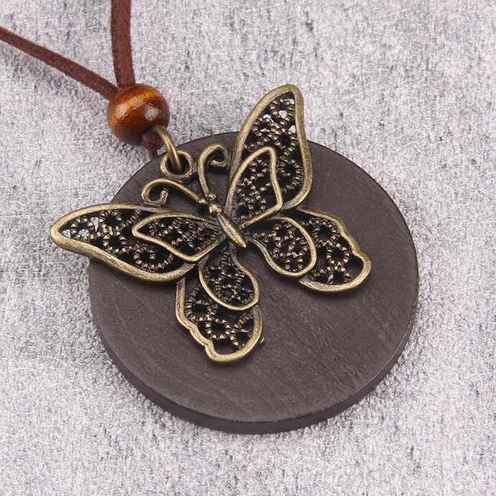 Long Boho Necklaces for Women Vintage Leather Wooden Pendant Y Choker Ethnic Style Gold Circle Hippie Sweater Necklace