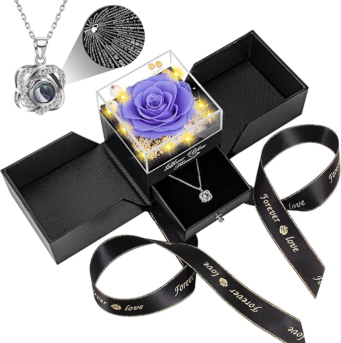 Preserved Violet Real Rose with Heart I Love You Necklace -Eternal Flowers Rose Birthday Gifts for Women Her Mom Wife Girlfriend Grandma on Valentines Mothers Day Christmas Anniversary Romantic-Violet