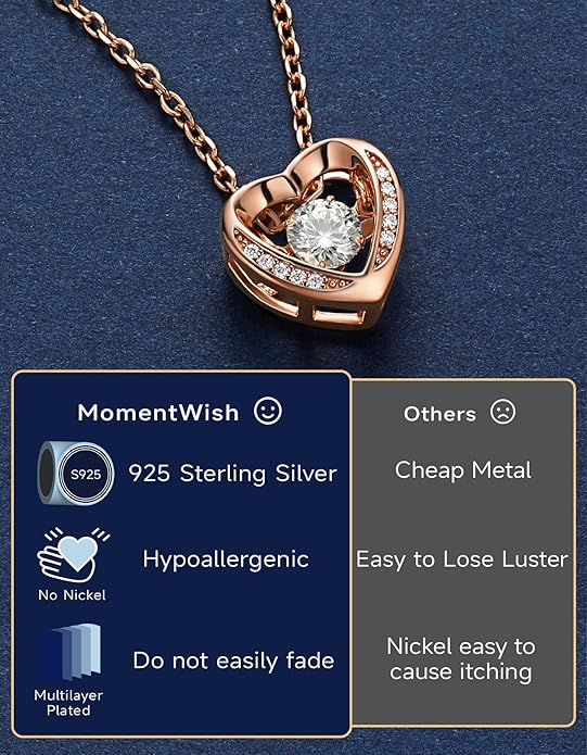 MomentWish Dancing Heart Necklace for Women, 0.5/1 Carat Dancing Moissanite Necklace for Her 925 Sterling Silver Pendant Anniversary Birthday Christmas Gift for Wife Mom Girlfriend