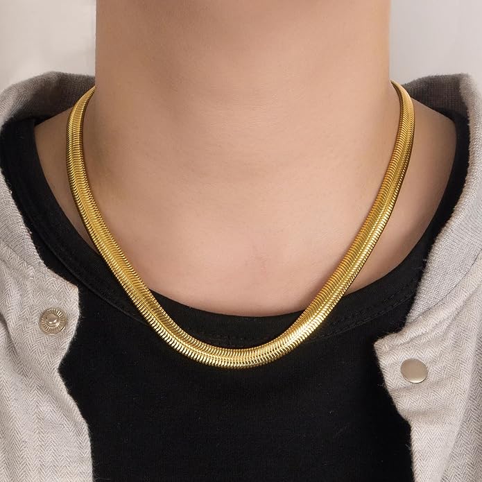 Dankadi Men 925 Sterling Silver Necklace Italian 6MM-8MM Flexible Flat Snake Chain Choker 16-30 Inch 24K Gold plated Fine Jewelry Gifts for Women