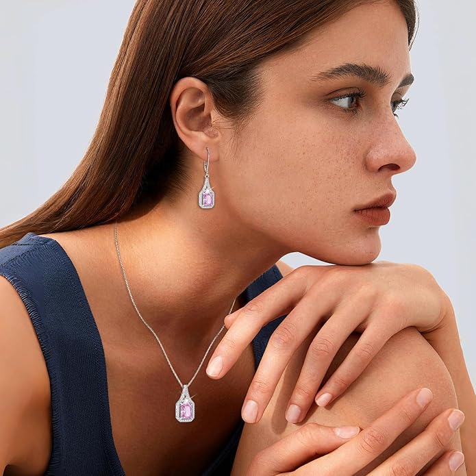 Emerald Cut Dangle Drop Earrings 925 Sterling Silver Halo Rectangular Leverback Earrings Birthstone Jewelry for Women