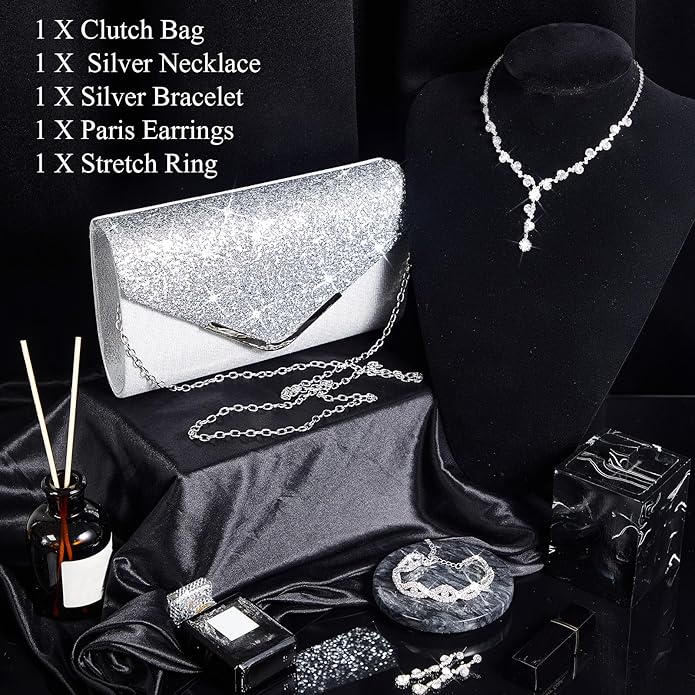 Henoyso 5 Pcs Purse Rhinestone Jewelry Set Prom Jewelry Rhinestone Clutch Purse Necklace Earrings Bracelets for Women Bride