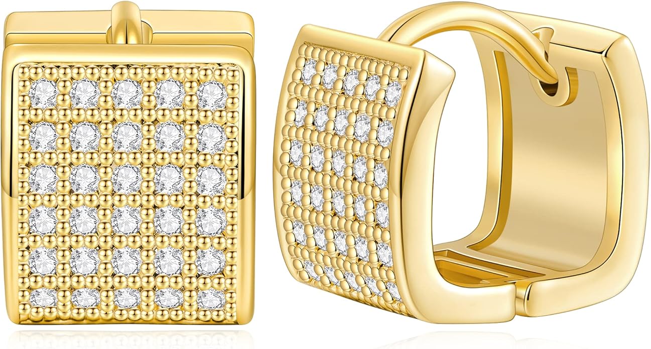 14K Gold Plated Hoop Earring Small Square Huggies Hoops For Women, Minimalist Cute Earrings for Women Girls Gift, gold silver rose gold black and CZ