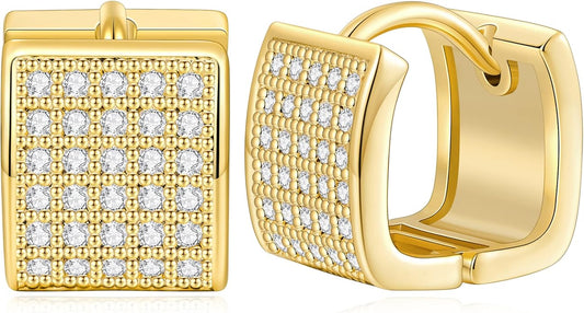 14K Gold Plated Hoop Earring Small Square Huggies Hoops For Women, Minimalist Cute Earrings for Women Girls Gift, gold silver rose gold black and CZ