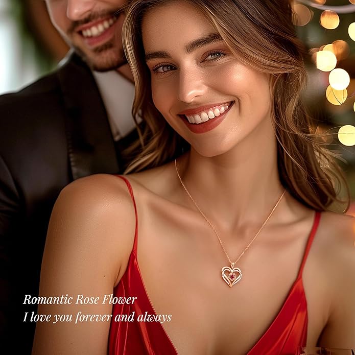 CDE Christmas Gifts for Women S925 Silver Rose Gold Heart Birthstone Necklaces for Women，Ideal Anniversary or Birthday Jewelry Gifts for Wife Girlfriend Her