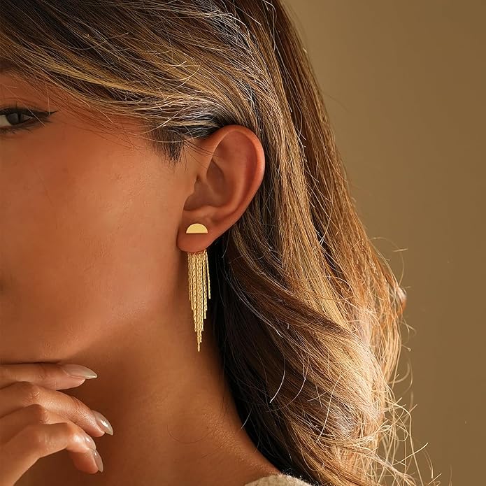Gold Earrings for Women, 14K Gold Plated Tassel Dangle Earrings for Women Trendy Hypoallergenic Long Chain Earring Dainty Pearl Drop Earrings Elegant Wedding Earring Fashion Jewelry for Womens