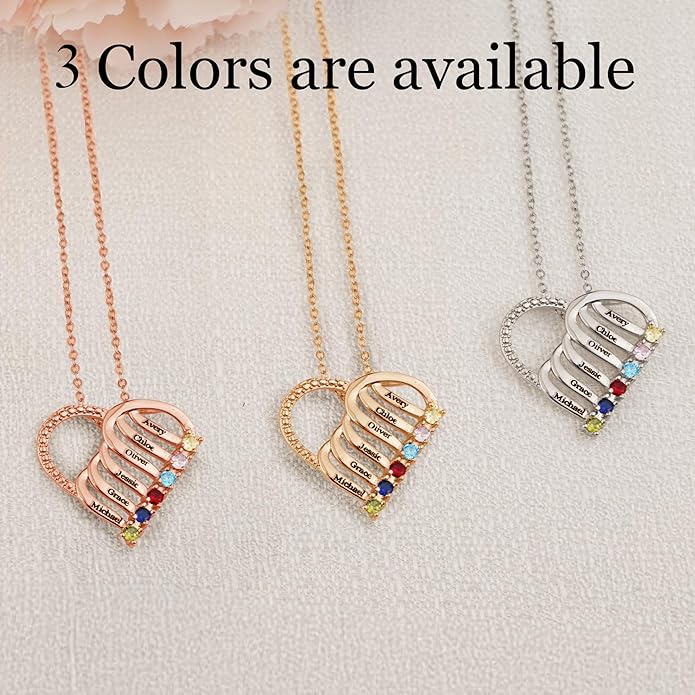 Easycosy Custom Name Necklace with Simulated Birthstones Customized Promise Necklace Heart Pendant with Engraved 2-6 Names - Anniversary Birthday Christmas Jewelry Gifts for Women Wife Mom Grandma