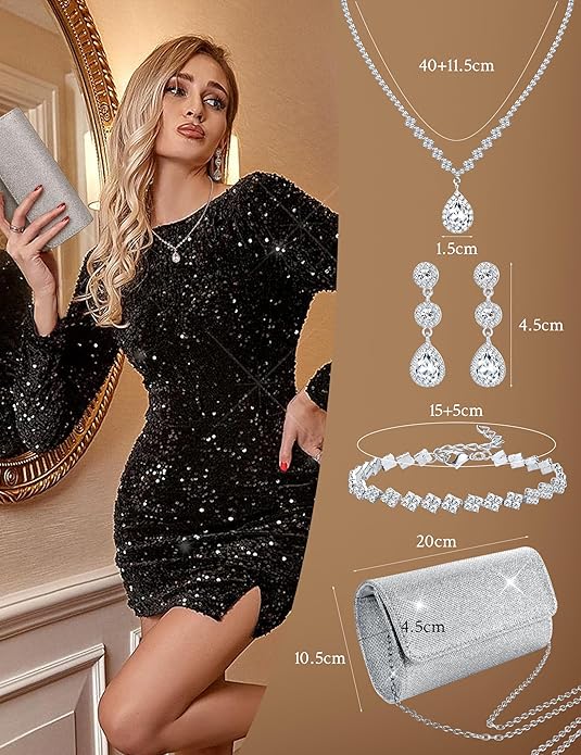 Subiceto 4Pcs Silver Clutch Purse Jewelry Set for Women Evening Rhinestone Purse Crystal Necklace Earrings Bracelets Set Silver Accessories for Women Bride Wedding Jewelry