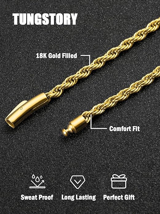 Men's 18K Gold Filled Bracelet - 8 Inch Rope Chain Bracelet with Easy-On Bayonet Clasp, Jewelry Box Included, Anniversary Birthday Gift for Men - Hypoallergenic Non-Tarnish, 4mm, Hip-Hop Accessory