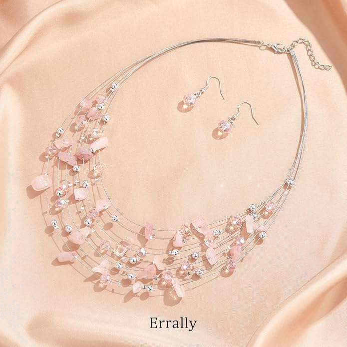 Multi-Layer Boho Shell Beaded Necklace for Women Colorful Crystal Strand with Silver Beads Statement Collars Necklace and Earrings Costumes Jewelry Sets for Women