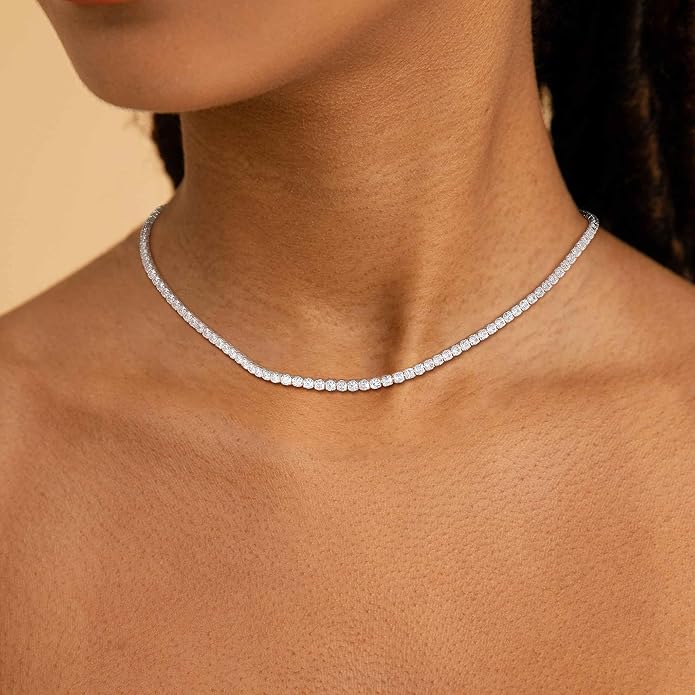 Tennis Necklace for Women, 14K Gold/Silver Plated Rhinestone Choker Necklaces for Women, Dainty Cubic Zirconia Cut Faux Diamond Chain
