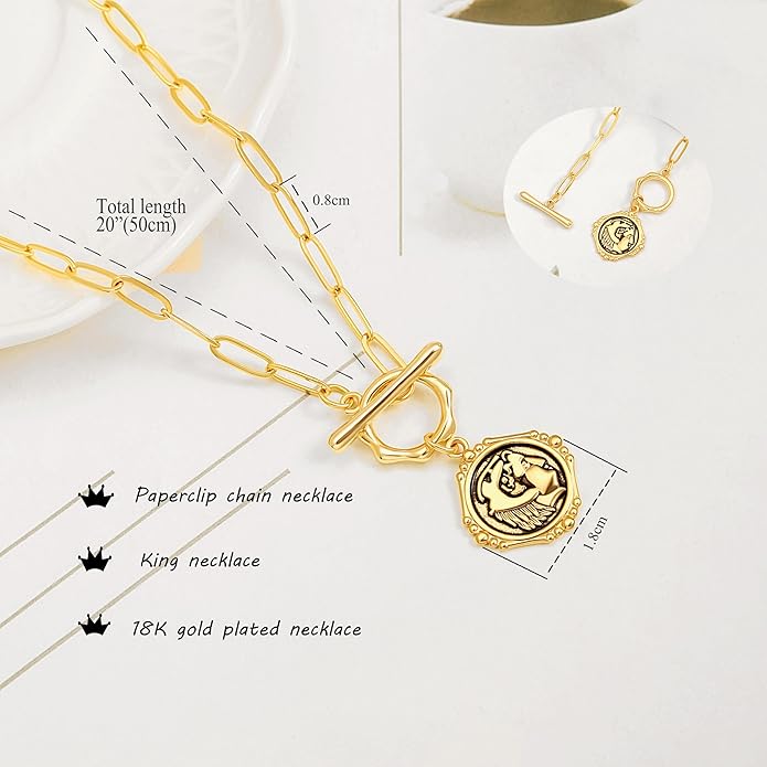 CANEVINKA Dainty Cross Medallion/Heart Pendant Chain Necklace 18K Gold Plated Oval Choker Fashion OT Toggle Jewelry Handmade for Women Simple Gold Charm Necklace