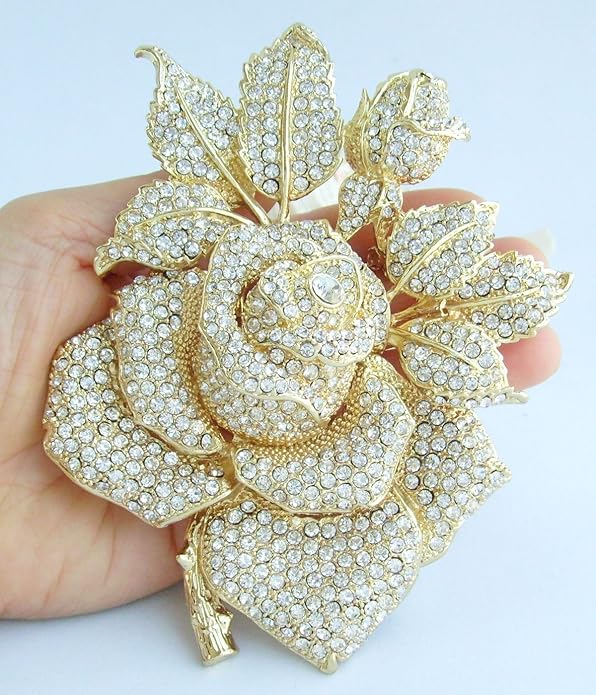 Gorgeous Wedding 5.32" Big Rose Flower Brooch Pin Austrian Crystal Pendant BZ2994