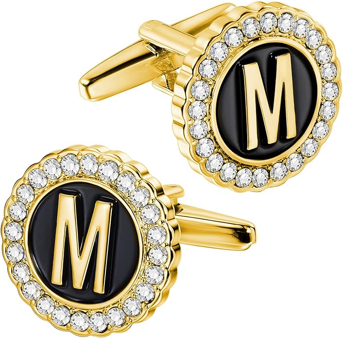 HAWSON A-Z Initial Cufflinks for Men and Women with Clear Crystal, Gold Silver Color Rasied Letter A-Z Cuff Links for French Shirt, Gift for Normal and Business Wearing