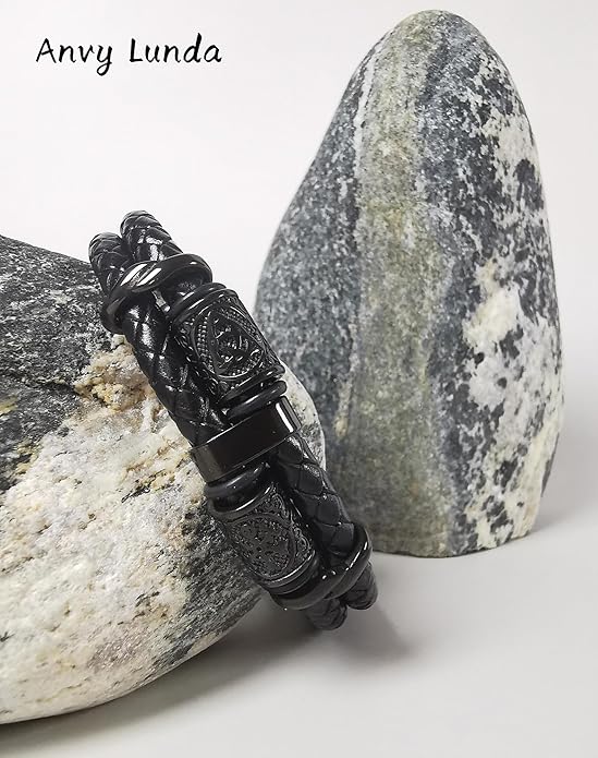 Viking Compass Celtic Knot Bracelet, Mens 14K Gold Plated Black Braided Leather Cuff, 316L Stainless Steel Jewelry for Women Friend Father Husband Son