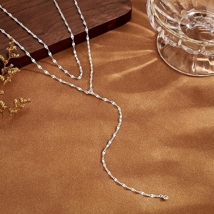 LOVELUCK Long Lariat Necklace for Women,Dainty Layered Y-Shaped Necklaces 14k Gold/Silver Plated Drop Chain Trendy Christmas Jewelry Gifts