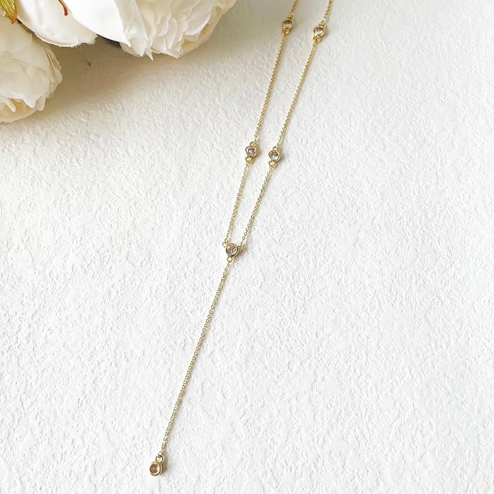 Lariat Gold Necklace for Women, Dainty Long Necklace 14k Gold Plated/Silver Y-Shaped Layered Beaded Chain Drop Necklaces for Women Trendy Simple Gold Jewelry for Women Gifts